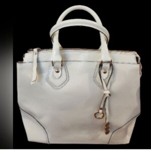 ASIA BELLUCCI WHITE PATENT LEATHER SATCHEL & CHARMS STRAP 14X12X20" CALLOUTS MIN